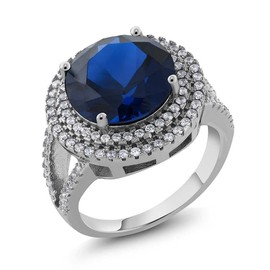 Gem Stone King 7.56 Cttw Blue Simulated Sapphire Ring In 925 Sterling Silver | Round 12MM | Wedding Engagement Anniversary Promise Ring For Women | Available in size 5, 6, 7, 8, 9