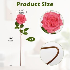 4.7'' Large Artificial Roses - Set of 3 Long-stem Real Touch Silk Flowers, 24.4" Faux Flowers for Home Decor, Wedding Bouquets, Centerpieces & Floral Arrangements – Lifelike Pink Fake Roses