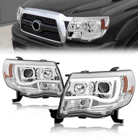 HECASA Projector Headlights Assembly Compatible with 2005-2011 Toyota Tacoma U-Type LED Tube Bar DRL Headlamps Driver & Passenger Side Clear Lens Chrome Housing