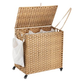 Laundry Hamper with Wheels, 39.6 Gallon(150L) Rolling Laundry Basket with Lid, 3-Section Rattan Clothes Hamper with 3 Removable Liner & 3 Mesh Bags, Laundry Sorter with Side Pocket, Natural