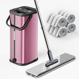 BASS QUEEN Flat Mop and Bucket Set with Stainless Steel Handle Multiple Colors Extra Refills for Floor and Tile Cleaning - Color: X1-Silver-4 Pads