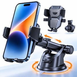 Car Phone Mount for Dashboard, Windshield & Air Vent, Telescopic Suction Cup Phone Holder with One-Touch Lock, 360° Adjustable Cell Phone Holder for 60–90 mm Smartphones