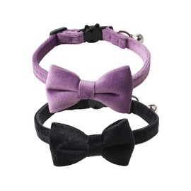 Love Dream Cat Collar Breakaway with Bow Tie and Bells - 2 Pack Velvet Girl Boy Kitty Safety Kitten Collars with Removable Bowtie for Cats Kittens, Black & Purple