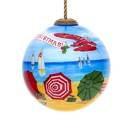 3” Blue and Yellow Christmas Beach Umbrella Hand Painted Glass Hanging Christmas Ornament