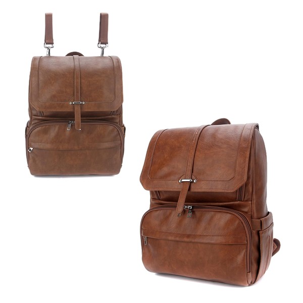 Citi Collective Navigator Saddle Brown Diaper Bag Backpack -Premium Vegan Leather- Compact Spacious Design With Insulated Pockets and Stroller Clips