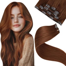 LaaVoo Human Hair Clip in Extensions 18 Inch Auburn Brown Clip in Hair Extensions Real Human Hair Double Weft 5Pcs 80g