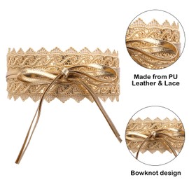 Trimming Shop Women's Waist Belt Hollow Lace Obi Belt Bow Tie Wrap Around PU Leather Cinch Bowknot Waistband for Wedding Dresses Daily Wear 100mm Wide Bow Waistband Gold, gold