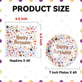 120 Pcs Happy Birthday Party Paper Plates - 60 Pcs 7 Inch Disposable Polka Dots Plates & Napkins Set for Birthday Party Theme Decorations & Favors