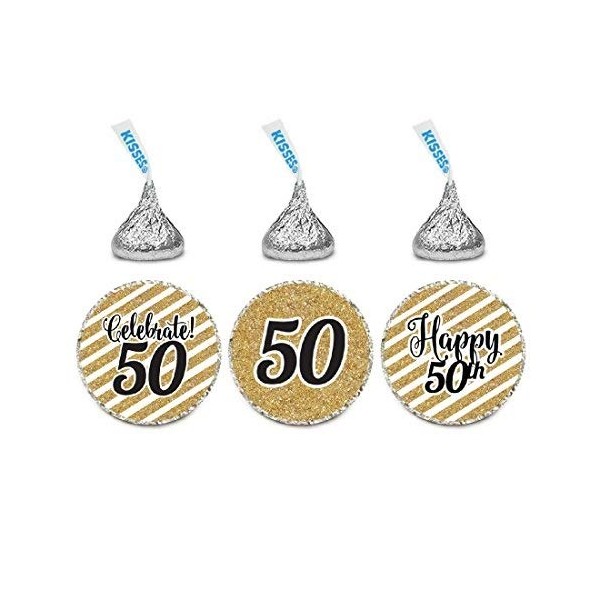 Andaz Press Milestone Chocolate Drop Labels Trio, Fits Kisses Party Favors, Celebrate 50, 50th Birthday or Anniversary, 216-Pack, Printed Gold Glitter, Not Real Glitter