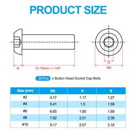 PATIKIL #10-32 * 1-1/4" Button Head Socket Cap Screws, 20 Pcs 304 Stainless Steel 18-8 Socket Cap Screw Bolts Allen Hex Drive Full Thread Fine Thread UNF