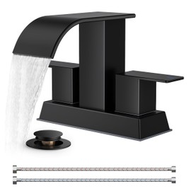 FORIOUS 4 Inch Centerset Matte Black Bathroom Faucet, 2 or 3 Hole Waterfall Square Bathroom Sink Faucet with Metal Pop-up Drain and Supply Lines, Two Handles for Vanity, Lavatory Room, Basin