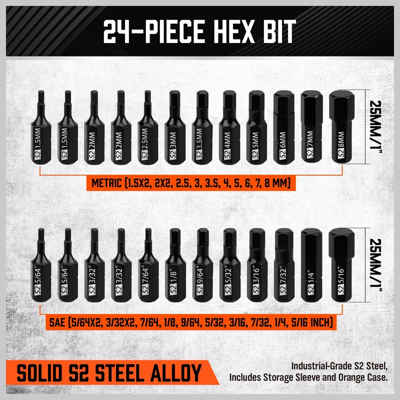 25-Piece Hex Screwdriver Bit Set | Metric and SAE Hex