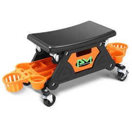 PM PERFORMOTOR Mechanic Stool - 25-1/2" x 13" x 12" (L x H x W), Rolling Work Seat w/Lockable Swivel Wheels and Storage Tool Tray, Orange,PM-TOL-CRS-OG
