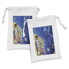 Lunarable Ocean Fabric Pouch Set of 2, Untouched Wild Aquatic World Corals Exotic Fishes Stingray Seascape, Small Drawstring Bag for Toiletries Masks and Favors, 9" x 6", Navy Blue Purple