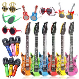 18pcs Juego de juguetes inflables de estrella de rock los años 80 y 90，6 pairs of goofy glasses 6 inflatable guitar,6 micrófonos，accesorios de cabina de fotos para adultos,