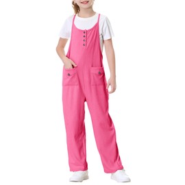 Rolanko Girls' Jumpsuit Kids Sleeveless Loose Overalls with Pockets Adjustable Spaghetti Straps Romper Dungarees, pink-red
