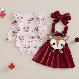 Siyova Newborn Baby Girl Christmas Outfit Long Sleeve Romper+Suspender Dress+Headband Toddler 3 Piece Skirt Set Cute Fall Winter Clothes (Deep Red, 3-6 Months)