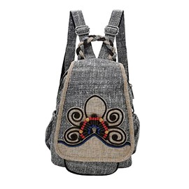 HUANGGUOSHU Women Cotton Woven Hippie Hemp Boho Canvas Embroidery Multi Pocket Retro Cute Backpack Wallet Backpack（Black butterfly）