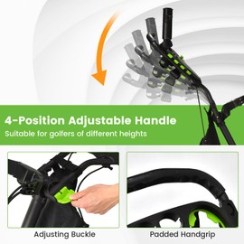 ULTIMATE 4 Wheel Golf Push Cart, Lightweight Folding Golf Trolley Roller w/Scorecard/Cup/Umbrella/Golf Bag Holder & Cooler Bag, Upper Bracket w/Elastic Strap, Foot Brake & Adjustable Handle (Green)