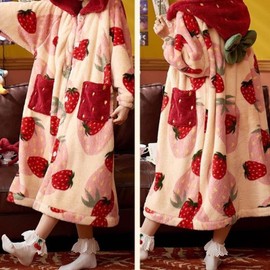KQCQZ Cute Strawberry Pajama Set for Women Cozy Flannel Robe - Soft Plush Long Loungewear Clothes Home Wear for Fall & Winter (Pajama,Medium)