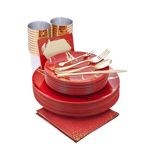N9R 225PCS Red Gold Plastic Plates Set, Disposable Dinnerware Set Include 25 Dinner Plates, 25 Dessert Plates, 25 Forks, 25 Mini Forks, 25 Spoons, 25 Knives, 25 Gold Cups, 25 Napkins and Table Cards