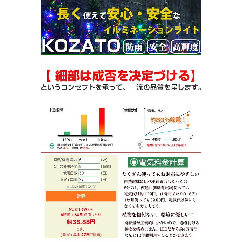 KOZATO LED Illumination Light, Outdoor, High Rainproof, 360° Illumination, Christmas