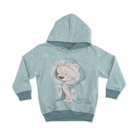 Fabric for sewing, fabric for children, 95% cotton, 40 x 50 cm: 1 French terry animal sweat fabric panel with bear, coat, crown, snowflakes on pastel mint/blue, summer sweat, bear love