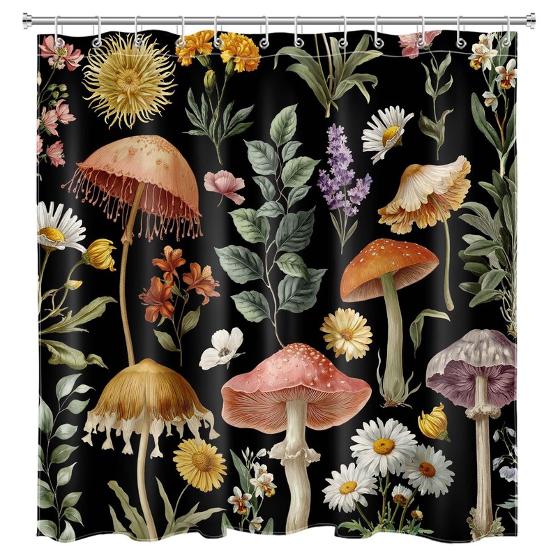 DEMCEAR Country Mushroom Floral Shower Curtain,Black, 72W X 72L inches