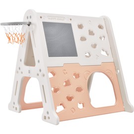 Tzou 5-in-1 Toddler Climber Basketball Hoop Set Playground Climber Playset with Tunnel Climber Whiteboard Building Block Baseplates for Boys Girls Gifts Light Pink