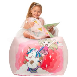 Girls Pink Bean Bag Chairs for Bedroom, Unicorn Stuffed Animal Storage Rainbow Chairs for Girl Room Decor, Medium Size, Velvet Extra Soft Cover Only