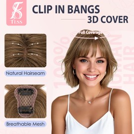 TESS Clip in Bangs Hair Toppers for Women 100% Real Human Hair 360° 3D Cover Lace Topper Daily Wear Natural Look 10 Inch Wispy, Medium Brown