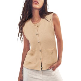 Saodimallsu Womens Summer Cropped Sweater Vest Sleeveless Button Ribbed Knit Crew Neck Cardigan Vests Top with Pockets Beige