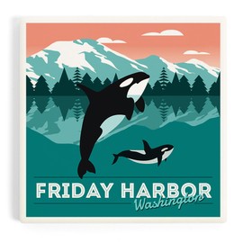 Friday Harbor, Washington, Orca Whale and Calf, Go Freestyle (Absorbent Ceramic Coaster, Single, Cork Back, Kitchen Table Decor)