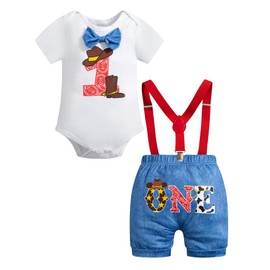 Yruiz Baby Boy Western Cowboy Theme 1st Birthday Outfit Romper Shorts Set Bow Tie Suspenders Set（9-12M）