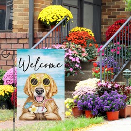 Louise Maelys Welcome Summer Dog Garden Flags 12x18 Double Sided, Burlap Summer Beach Golden Retriever Garden Yard House Flag Banner Vertical for Outside Seasonal Outdoor Decoration (ONLY FLAG)