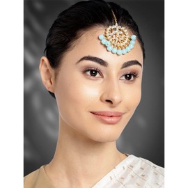Aheli Faux Kundan Pearl Sky Blue Maang Tikka nupcial indio tradicional Bollywood joyería para mujeres niñas