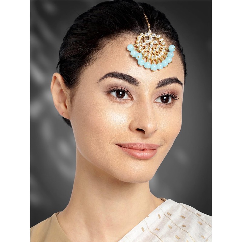 Aheli Faux Kundan Pearl Sky Blue Maang Tikka nupcial indio