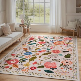 Rug for Living Room, 3X5 Area Rug Floral Vintage Rug for Bedroom Non-Slip Non Shedding Indoor Floor Carpet, Low Pile Foldable Stain Resistant Carpet for Dining Room, Office, Home Decor, Beige