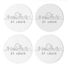Minimalist B&W Missouri St. Louis Skyline, Joyride Home Decor, 4 Ceramic Coasters, 4-inch Circle Drink Coasters, Set of 4, Non-Slip Cork Back, Protects Surfaces, Express Your Style.