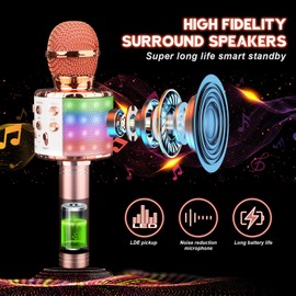 ShinePick Karaoke Microphone Bluetooth, 4-in-1 Wireless Gifts Microphone Children Girls, Portable LED Microphone Toy from 4-12 Years, Home KTV Karaoke Device Compatible with iOS Android PC (Rose Gold)
