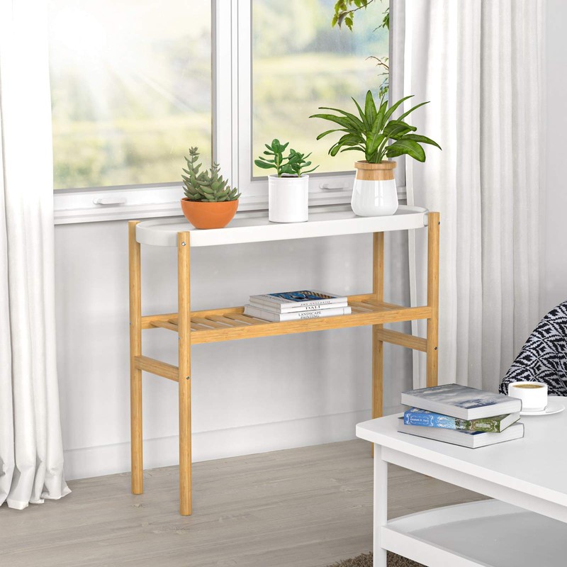 Wisuce Bamboo Shelf Indoor, 2 Tier Window Tall Stand Table