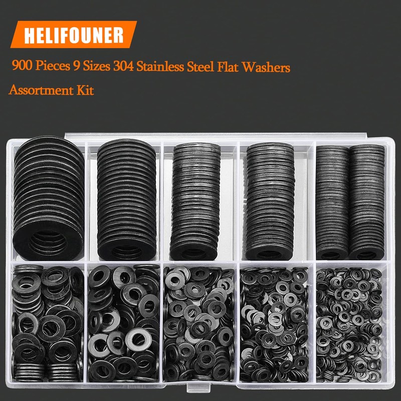 900 Pieces Black Zinc, HELIFOUNER Flat Washers Assorted Kit, Flat