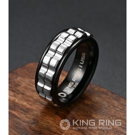 King Ring 8mm Wide Gear Spinner Ring – Fidget Ring for Men & Women Stainless Steel K42 – Black Silver 11