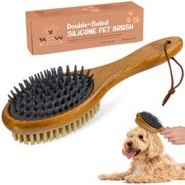 Pet Grooming Brush, Double-Sided Silicone & Bristle Brush for Short Hair Brushing, Ideal for Detangling Deshedding Massage Pet Skin, Pet Supplies Comb with Wood Handle for Pitbulls Yorkies Poodles Tzu