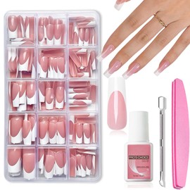 French False Nails - 240 Pcs Coffin Press on Nails Set - Fake Nail Nude Color French False Nail Kit - Full Cover Stick on nails Ballerina Nail Art Manicure for Girls Women