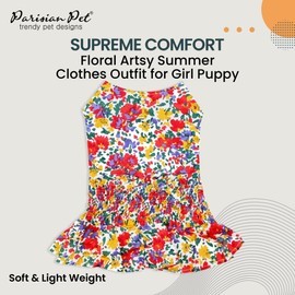 Parisian Pet Floral Printed Summer Dress - 100% Cotton Breathable Ruched Waist Dog Clothes - Beach Outfit - Cat Apparel - Dresses for Small Dogs Girl - L