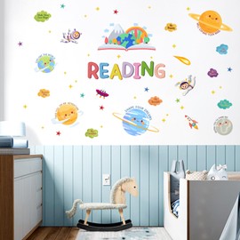 HLNIUC Reading Wall Decor 61pcs Inspirational Wall Decal Cartoon Universe Themed Motivational Art Sticker Colourful Positive Saying Peel and Stick Sticker Decoration for Kid Classroom Reading Corner