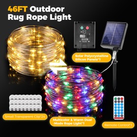 Solar Powered LED Rope Light for Outdoor Rug, 46FT Patio Floor Lights with Warm White & Multicolor for Backyard Deck Decor, Solar & USB Recharge, Remote Timer, Waterproof, 24 Rug Clips Included