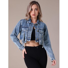 CIMUK Women's Cropped Denim Jacket Long Sleeve Button Down Washed Jean Jacket Small Gray Blue