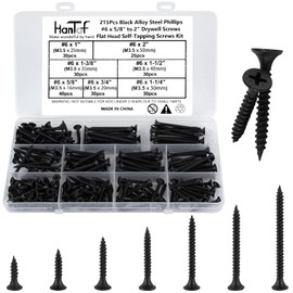 HanTof 215 Pcs Black High Hardness Drywall Screws Assortment Kit, 6# x 5/8 to 2 inch Phillips Drive Countersunk Head Self-Tapping Screws, Wood Screws, Sharp Point Carbon Steel Screws for Wood